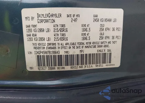 2007 Dodge Caravan Sxt from USA, damaged, VIN 1D4GP45R07B199643